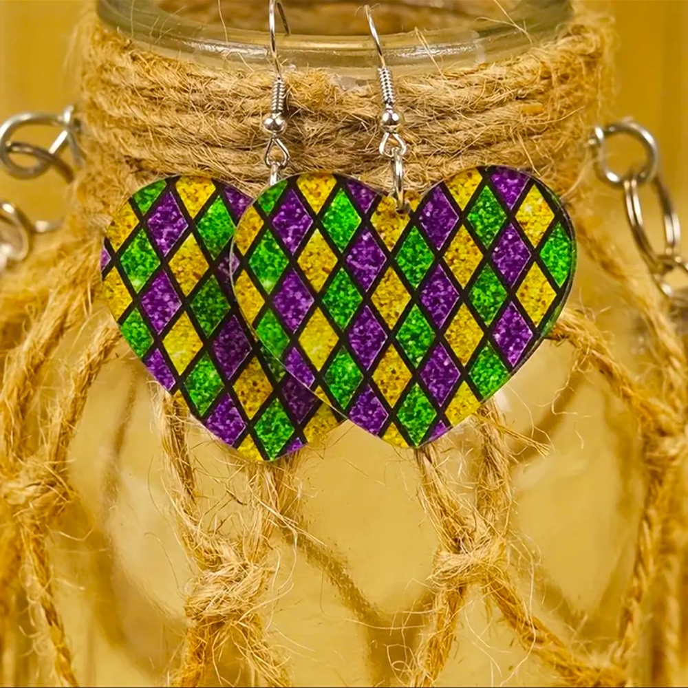 Mardi Gras Stained Glass Heart Earrings - Picture 3 of 4